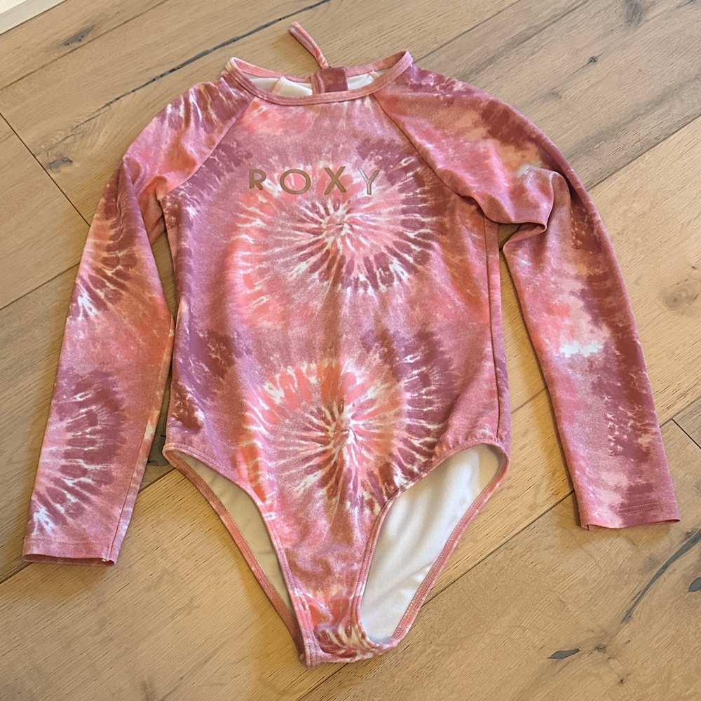 Roxy Pink and White Tie-Dye Swimsuit with Long Sleeve RashGuard